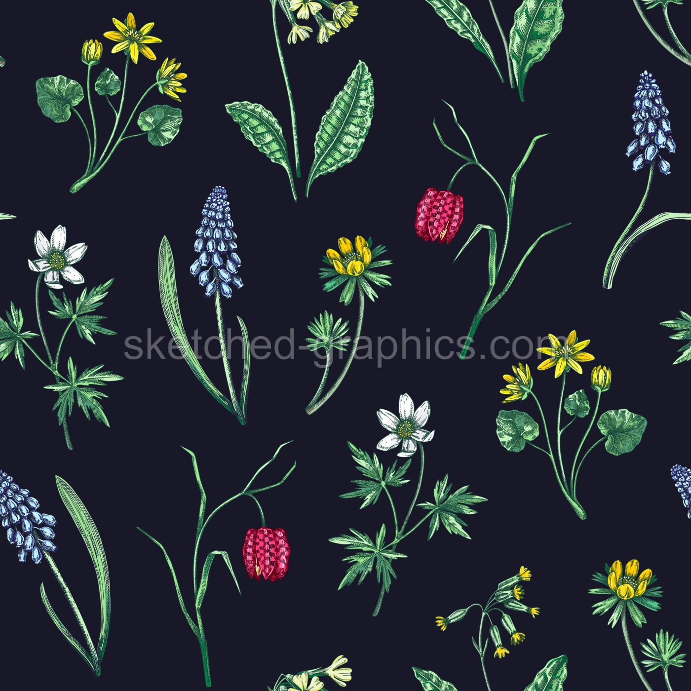 Spring flowers seamless pattern. Wildflowers background. Forest plant, greenery, wild flowers sketches. Hand drawn vector illustration. Not AI-generated Illustration